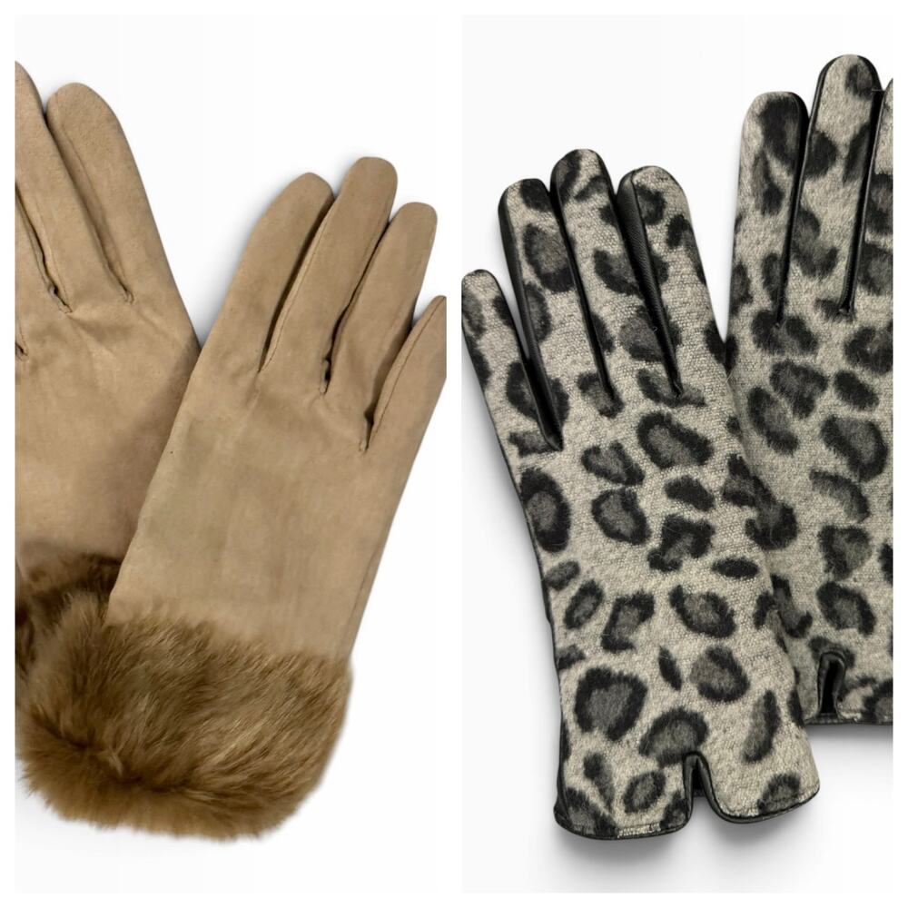 Mud Pie Leopard Gloves + Cruise Club Faux Fur Trim NWT L/XL Lot of 2